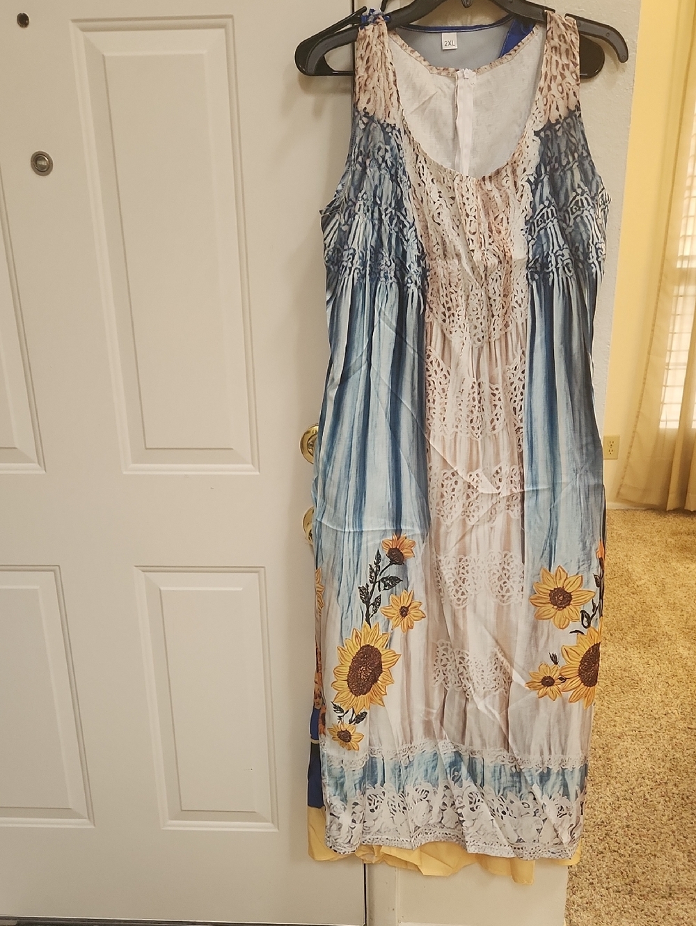 NEW Boho Sunflower Crochet Maxi Dress in Blue and Cream